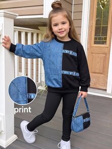 SHEIN 幼女幼童秋冬款拼色藍黑數位印花落肩運動衫＋羅紋內搭褲 2 件式休閒運動套裝 - 黑色 - 查看 6