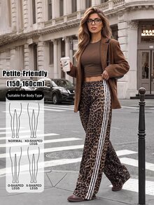 SHEIN PETITE Women's Leopard Print Striped Street Fashion Long Pants - Brown - View 10