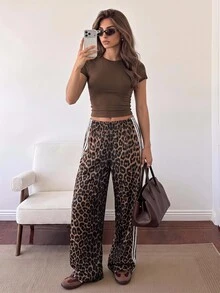 SHEIN PETITE Women's Leopard Print Striped Street Fashion Long Pants - Brown - View 5