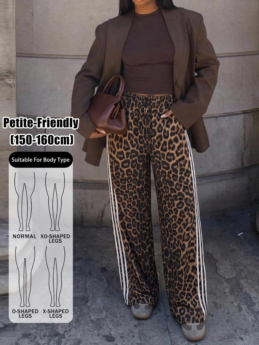 SHEIN PETITE Women's Leopard Print Striped Street Fashion Long Pants - Brown - View 1