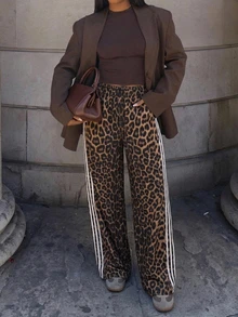 SHEIN PETITE Women's Leopard Print Striped Street Fashion Long Pants - Brown - View 11