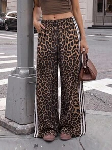 SHEIN PETITE Women's Leopard Print Striped Street Fashion Long Pants - Brown - View 3