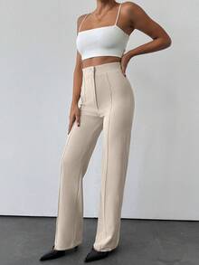 EURMUSE Women's Solid Color Button Front Straight Leg Casual Pants - Cream - View 3