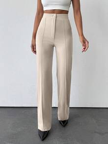 EURMUSE Women's Solid Color Button Front Straight Leg Casual Pants - Cream - View 5