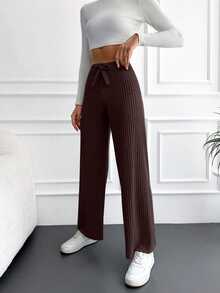 EURMUSE Cotton Women'S Drawstring High Waist Ribbed Pants - Brown - View 5