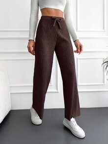 EURMUSE Cotton Women'S Drawstring High Waist Ribbed Pants - Brown - View 6