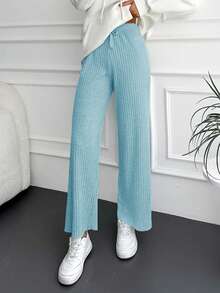 SHEIN Cottnline Solid Tie Waist Straight Leg Casual Pants - Green - View 6