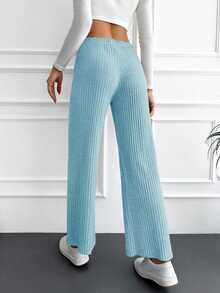 SHEIN Cottnline Solid Tie Waist Straight Leg Casual Pants - Green - View 2