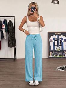 SHEIN Cottnline Solid Tie Waist Straight Leg Casual Pants - Green - View 8