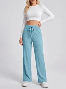 SHEIN Cottnline Solid Tie Waist Straight Leg Casual Pants - Green - View 7