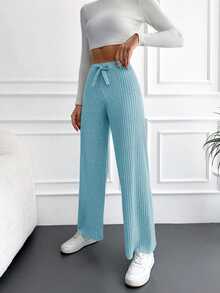 SHEIN Cottnline Solid Tie Waist Straight Leg Casual Pants - Green - View 4