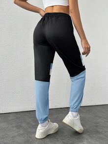 EURMUSE Cotton Colorblock Drawstring Waist Slant Pocket Sweatpants - Blue - View 2