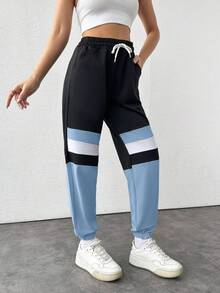 EURMUSE Cotton Colorblock Drawstring Waist Slant Pocket Sweatpants - Blue - View 4
