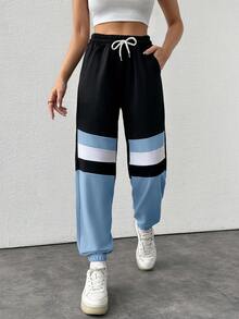 EURMUSE Cotton Colorblock Drawstring Waist Slant Pocket Sweatpants - Blue - View 7