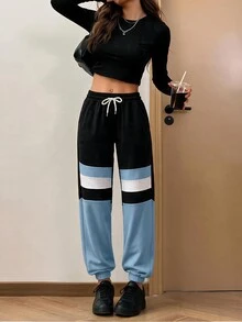 EURMUSE Cotton Colorblock Drawstring Waist Slant Pocket Sweatpants - Blue - View 1