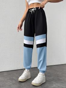 EURMUSE Cotton Colorblock Drawstring Waist Slant Pocket Sweatpants - Blue - View 5