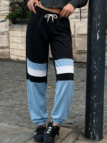 EURMUSE Cotton Colorblock Drawstring Waist Slant Pocket Sweatpants - Blue - View 6
