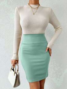 EURMUSE Women's Solid Color High Waist Skirt - Mint Green - View 3