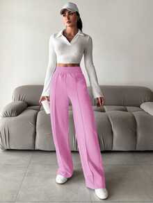 SHEIN Cottnline Women'S Elastic Waist Solid Color Sweatpants - Hot Pink - View 7