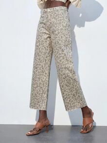 Maija Women's Cropped Straight Leg Leopard Printed Jeans, Versatile Jeans, Summer Jeans, Commuter, Ripped Edge, Casual, Elegant, Resort, Vacation, Date. - Brown - View 5