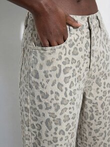 Maija Women's Cropped Straight Leg Leopard Printed Jeans, Versatile Jeans, Summer Jeans, Commuter, Ripped Edge, Casual, Elegant, Resort, Vacation, Date. - Brown - View 3