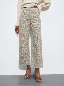 Maija Women's Cropped Straight Leg Leopard Printed Jeans, Versatile Jeans, Summer Jeans, Commuter, Ripped Edge, Casual, Elegant, Resort, Vacation, Date. - Brown - View 6
