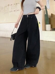 FRIFUL Women's Waist Patchwork Polka Dot Pattern Pocket Wide Leg Casual Denim Jeans Cute Tops - Black - View 4