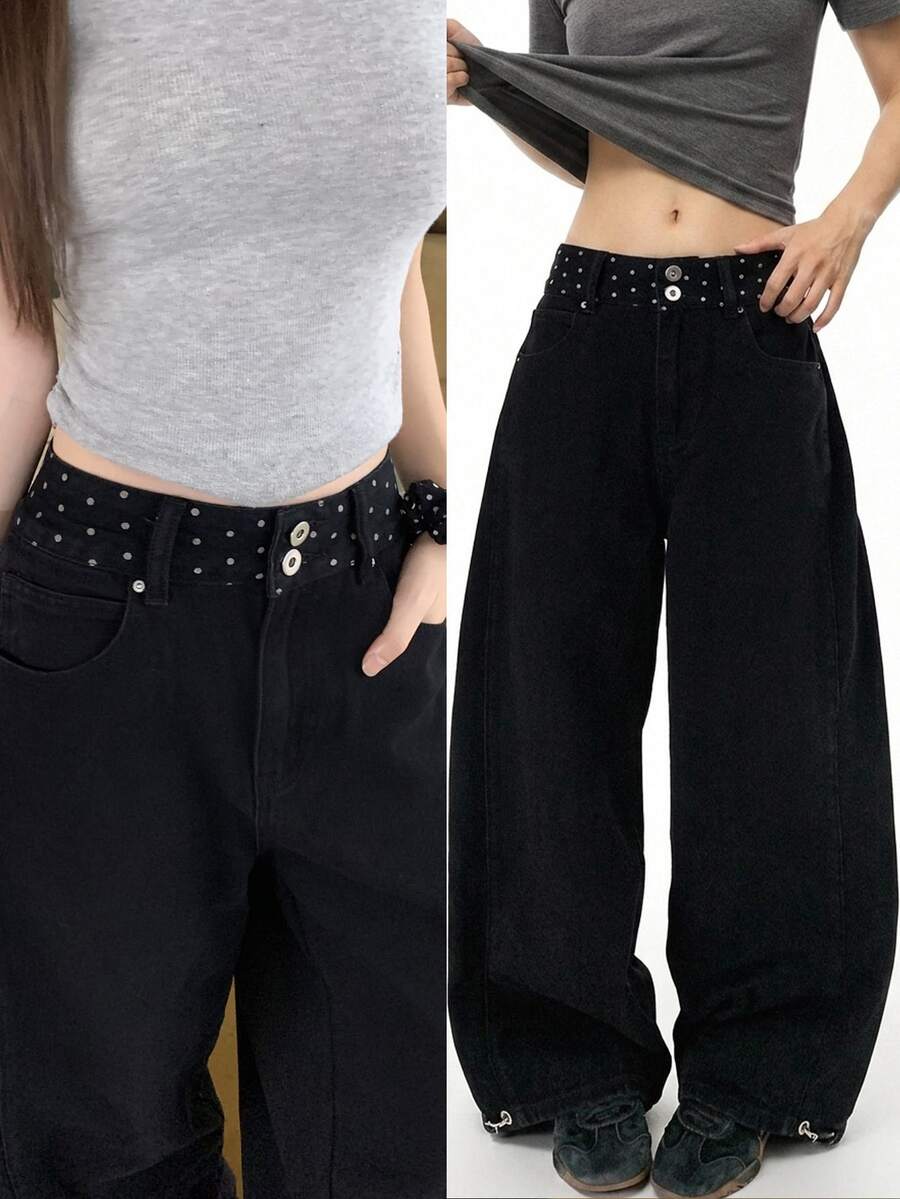 FRIFUL Women's Waist Patchwork Polka Dot Pattern Pocket Wide Leg Casual Denim Jeans Cute Tops - Black - View 1