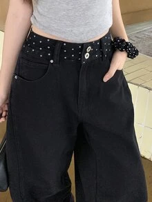 FRIFUL Women's Waist Patchwork Polka Dot Pattern Pocket Wide Leg Casual Denim Jeans Cute Tops - Black - View 5