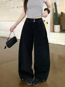 FRIFUL Women's Waist Patchwork Polka Dot Pattern Pocket Wide Leg Casual Denim Jeans Cute Tops - Black - View 3