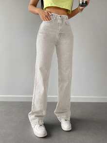 EURMUSE Solid Straight Leg Jeans - Beige - View 5