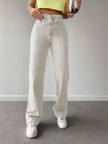 EURMUSE Solid Straight Leg Jeans - Beige - View 3