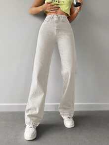 EURMUSE Solid Straight Leg Jeans - Beige - View 4