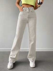 EURMUSE Solid Straight Leg Jeans - Beige - View 6