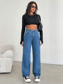 Cottnline Denim Pants Solid Color Simple Fashionable Daily Casual - Blue - View 5