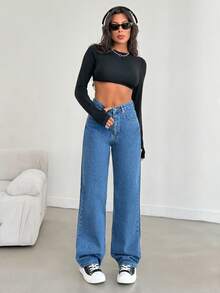 Cottnline Denim Pants Solid Color Simple Fashionable Daily Casual - Blue - View 3