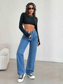 Cottnline Denim Pants Solid Color Simple Fashionable Daily Casual - Blue - View 4
