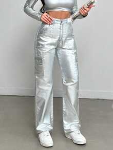 EURMUSE Ladies' Cargo Style Denim Pants With Pockets - Silver - View 3