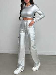 EURMUSE Ladies' Cargo Style Denim Pants With Pockets - Silver - View 5