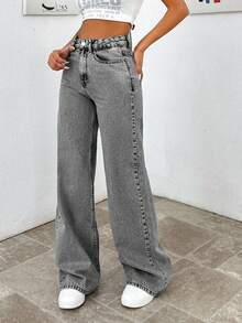 EURMUSE HIGH WAIST WIDE LEG LONG HEM PETITE JEAN - Grey - View 6