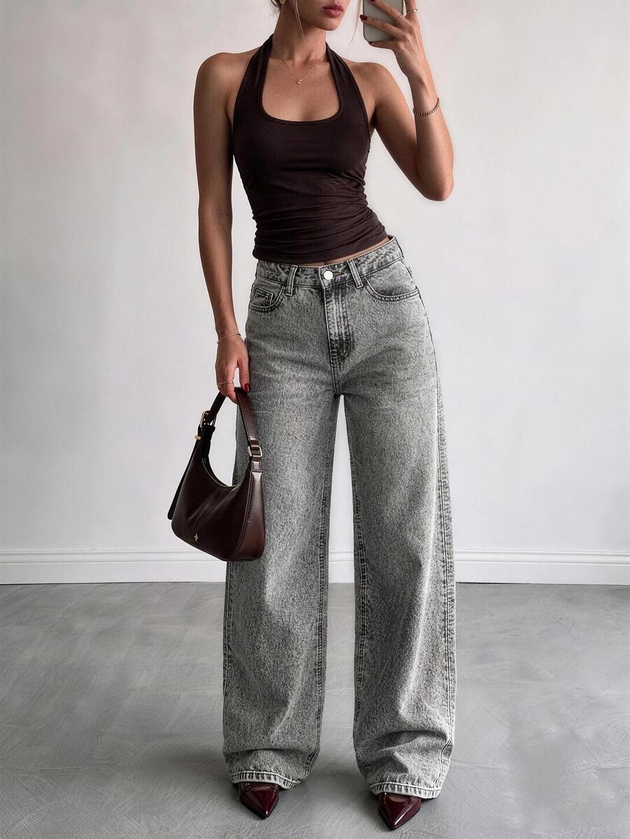EURMUSE HIGH WAIST WIDE LEG LONG HEM PETITE JEAN - Grey - View 1