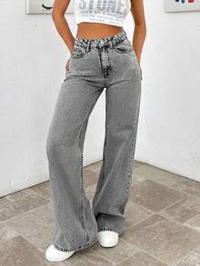EURMUSE HIGH WAIST WIDE LEG LONG HEM PETITE JEAN - Grey - View 3