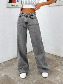 EURMUSE HIGH WAIST WIDE LEG LONG HEM PETITE JEAN - Grey - View 7