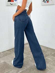 EURMUSE HIGH WAIST WIDE LEG LONG HEM PETITE JEAN - Royal Blue - View 2