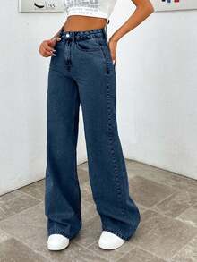 EURMUSE HIGH WAIST WIDE LEG LONG HEM PETITE JEAN - Royal Blue - View 4