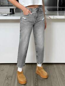 SHEIN Cottnline HIGH RISE MOM CUT RIPPED WOMEN JEANS Everyday Work Going Out Weekend Light Grey Fall Casual Streetwear - Grey - View 8