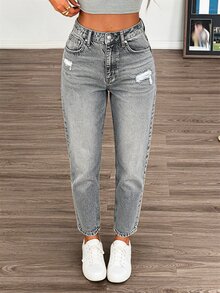 SHEIN Cottnline HIGH RISE MOM CUT RIPPED WOMEN JEANS Everyday Work Going Out Weekend Light Grey Fall Casual Streetwear - Grey - View 4