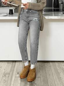 SHEIN Cottnline HIGH RISE MOM CUT RIPPED WOMEN JEANS Everyday Work Going Out Weekend Light Grey Fall Casual Streetwear - Grey - View 9