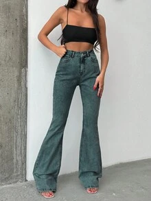 SHEIN Tall HIGH RISE FLARED LONG BLACK JEAN TALL - Light Wash - View 7
