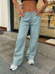 EURMUSE 100% Cotton LOW RISE WIDELEG CUT WHITE JEAN - Baby Blue - View 4